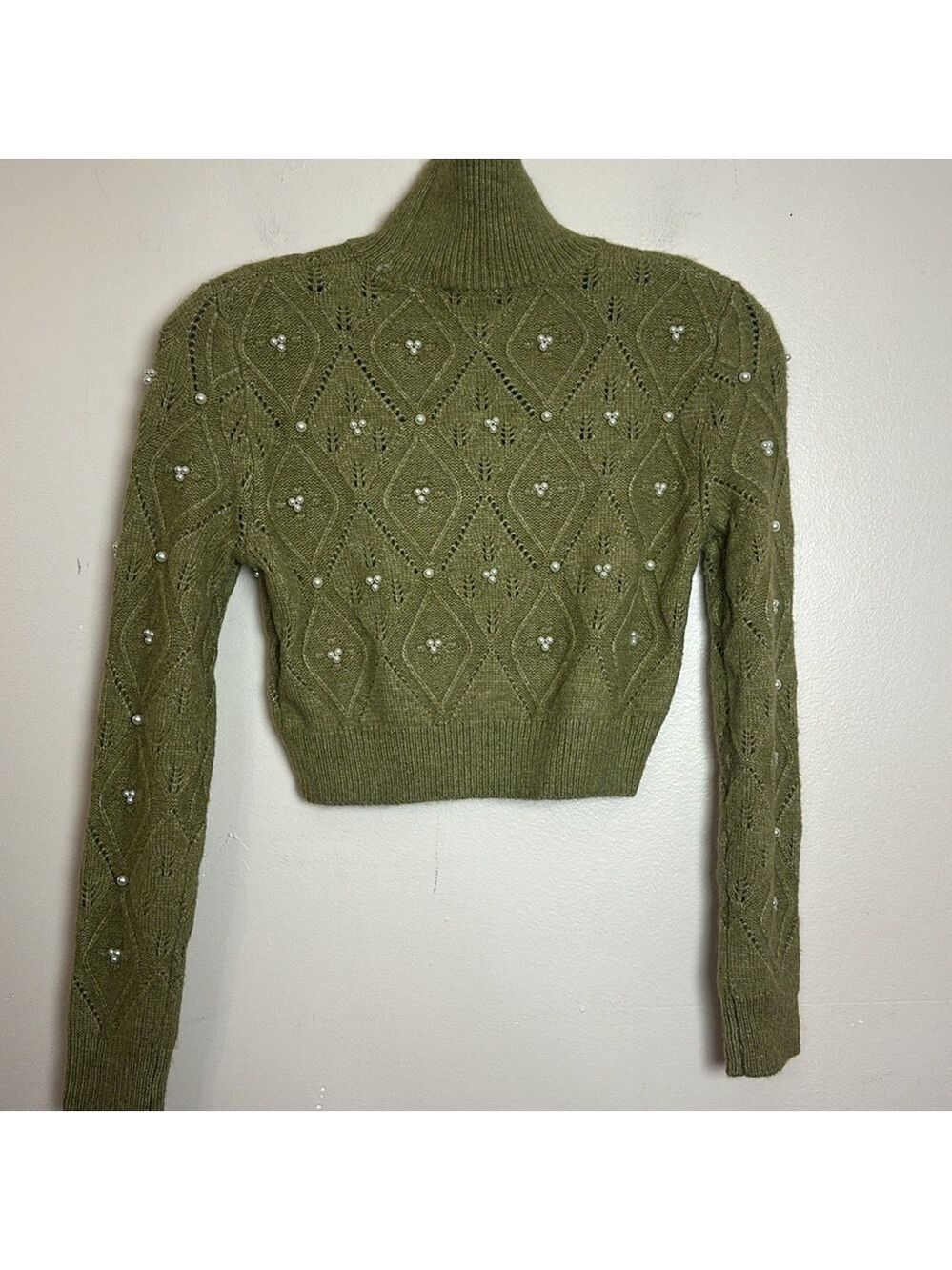 Zara Pearl Embellished Mock Turtle Neck Cropped Knit Sweater - Picture 11 of 11